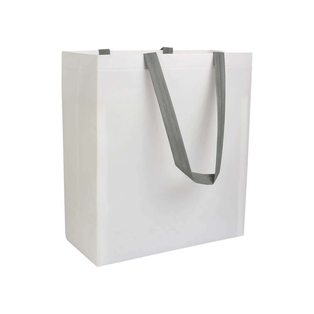 white color laminated non woven bag with long grey color handle
