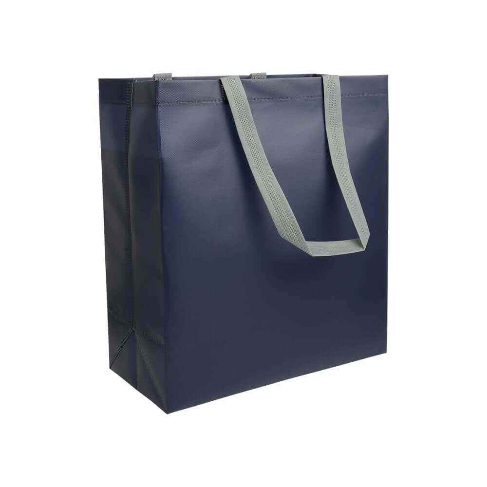 dark blue color laminated non woven bag with long grey color handle