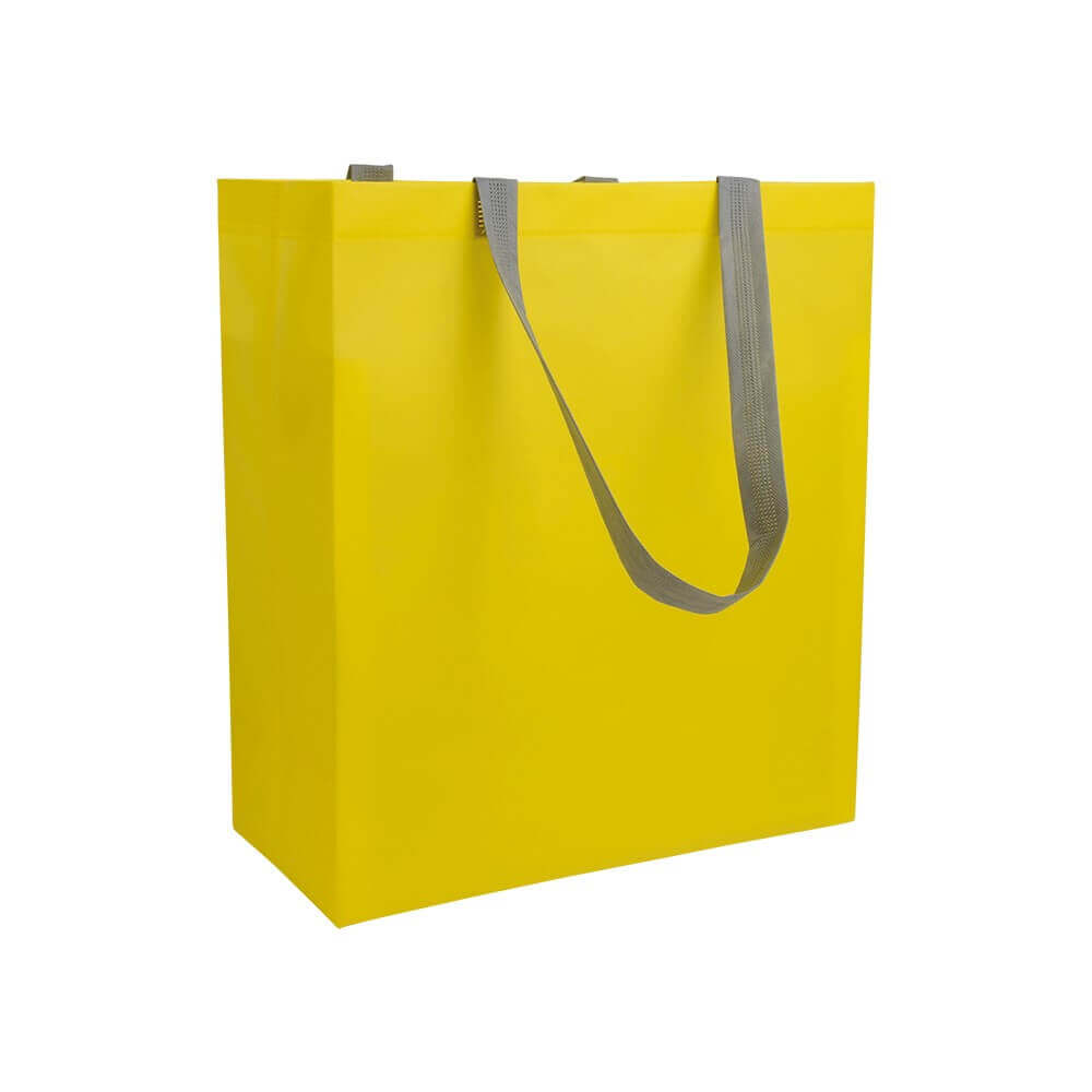 yellow color laminated non woven bag with long grey color handle