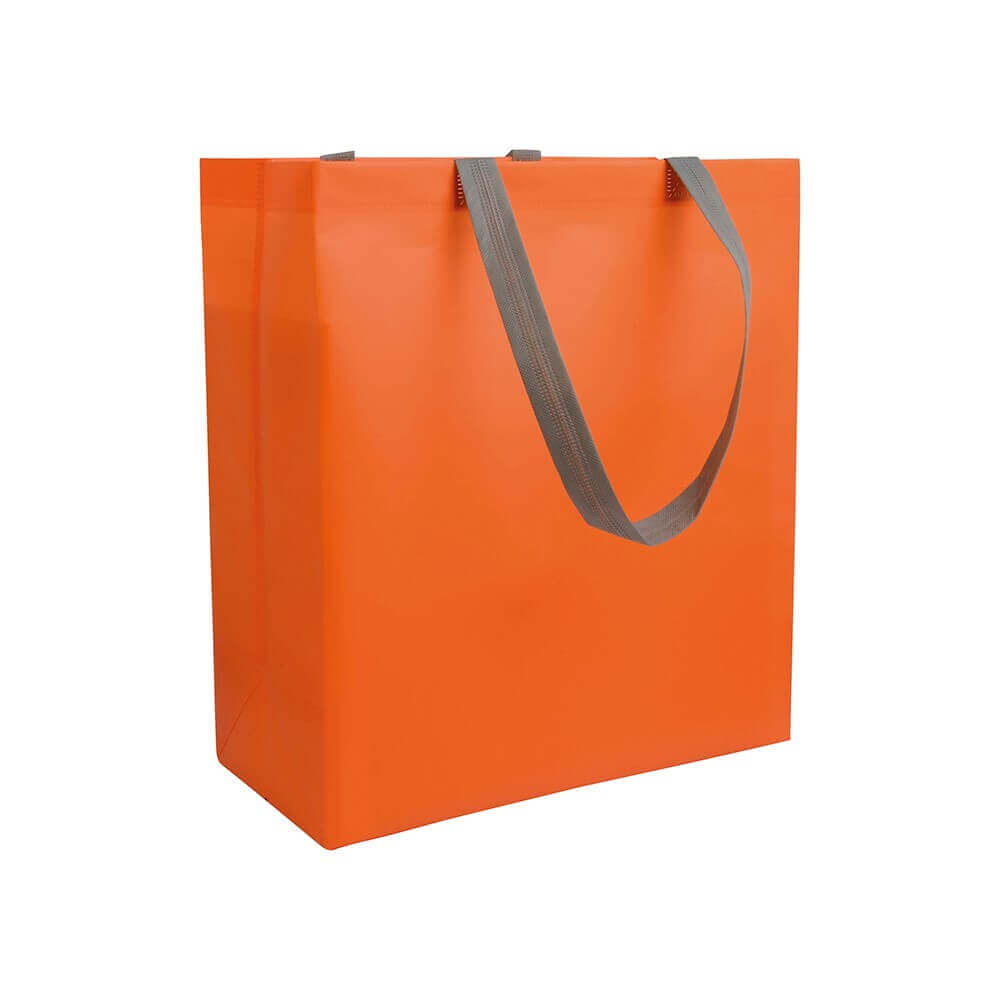 orange color laminated non woven bag with long grey color handle