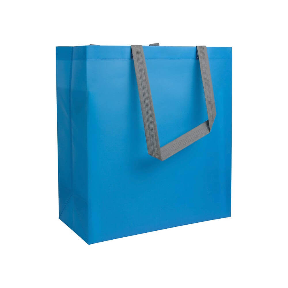 light blue clor laminated non woven bag with long grey color handle