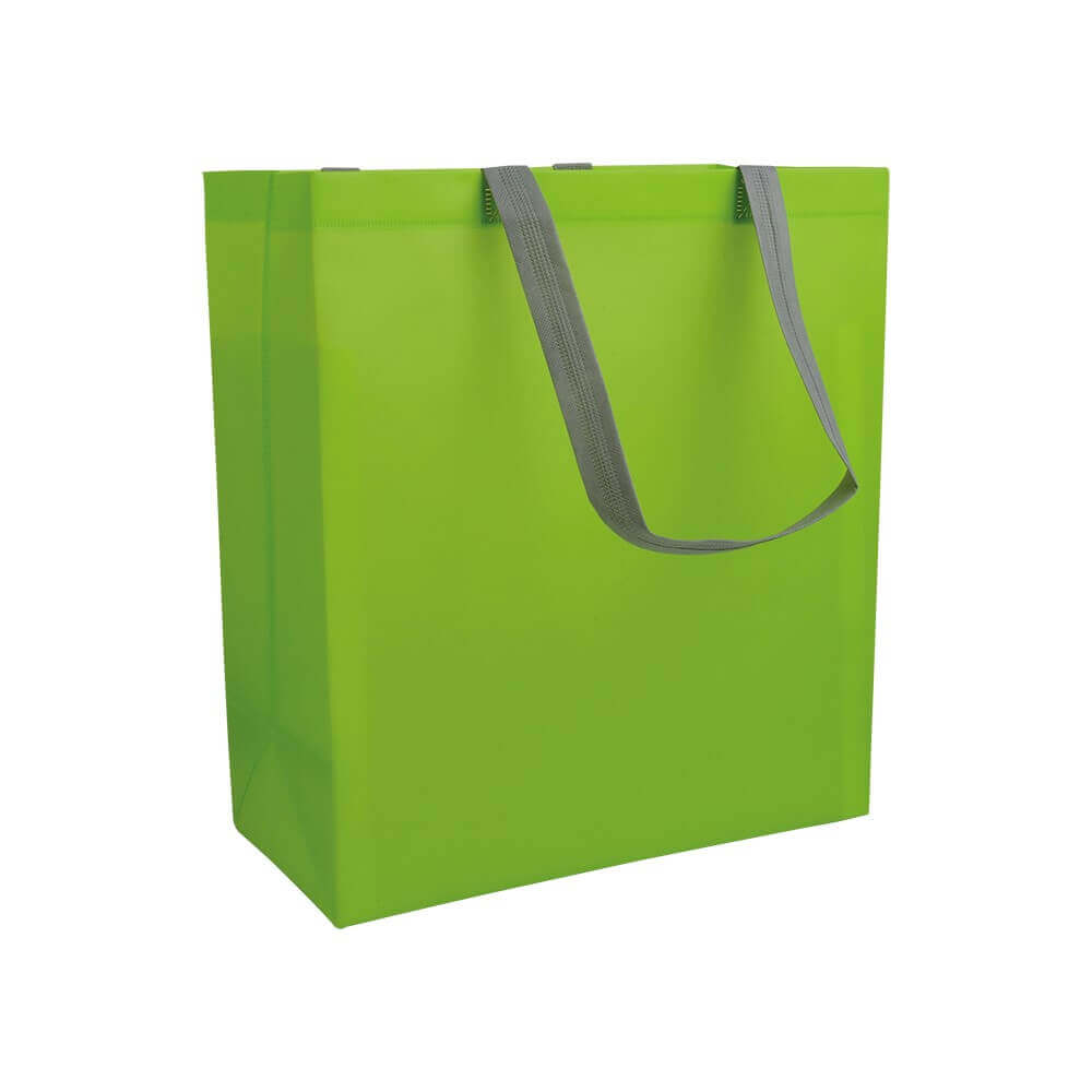 apple green color laminated non woven bag with long grey color handle