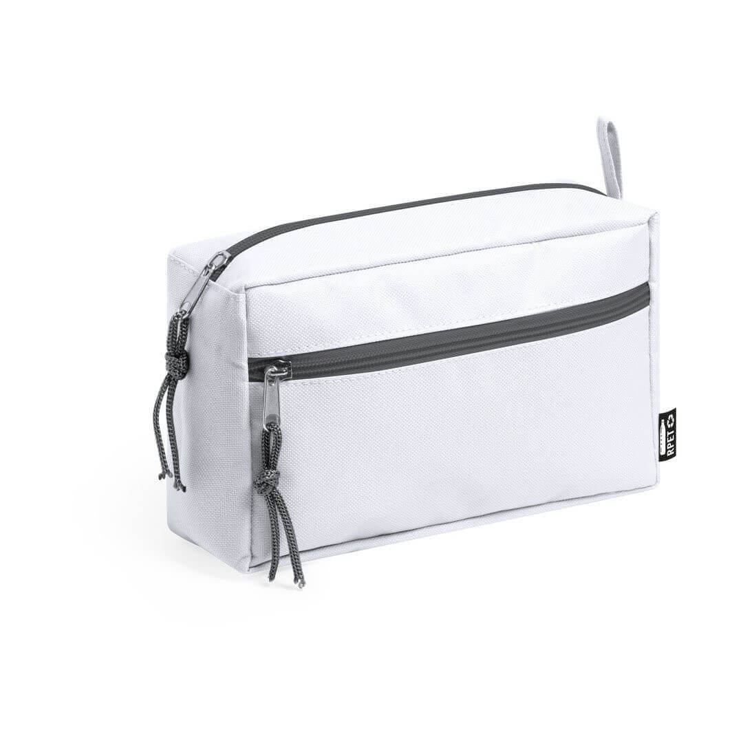 white color beauty bag made from recycled materal two compartments with zipper closure