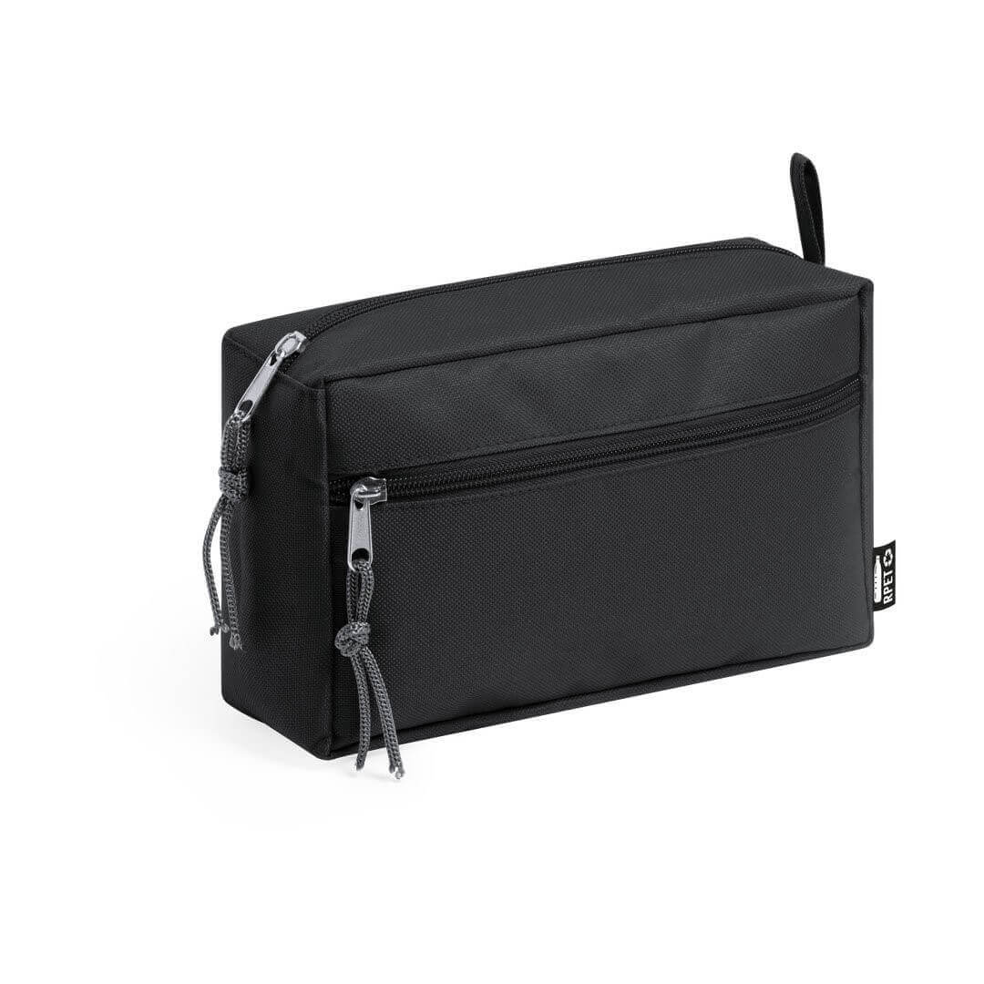 black color beauty bag made from recycled materal two compartments with zipper closure