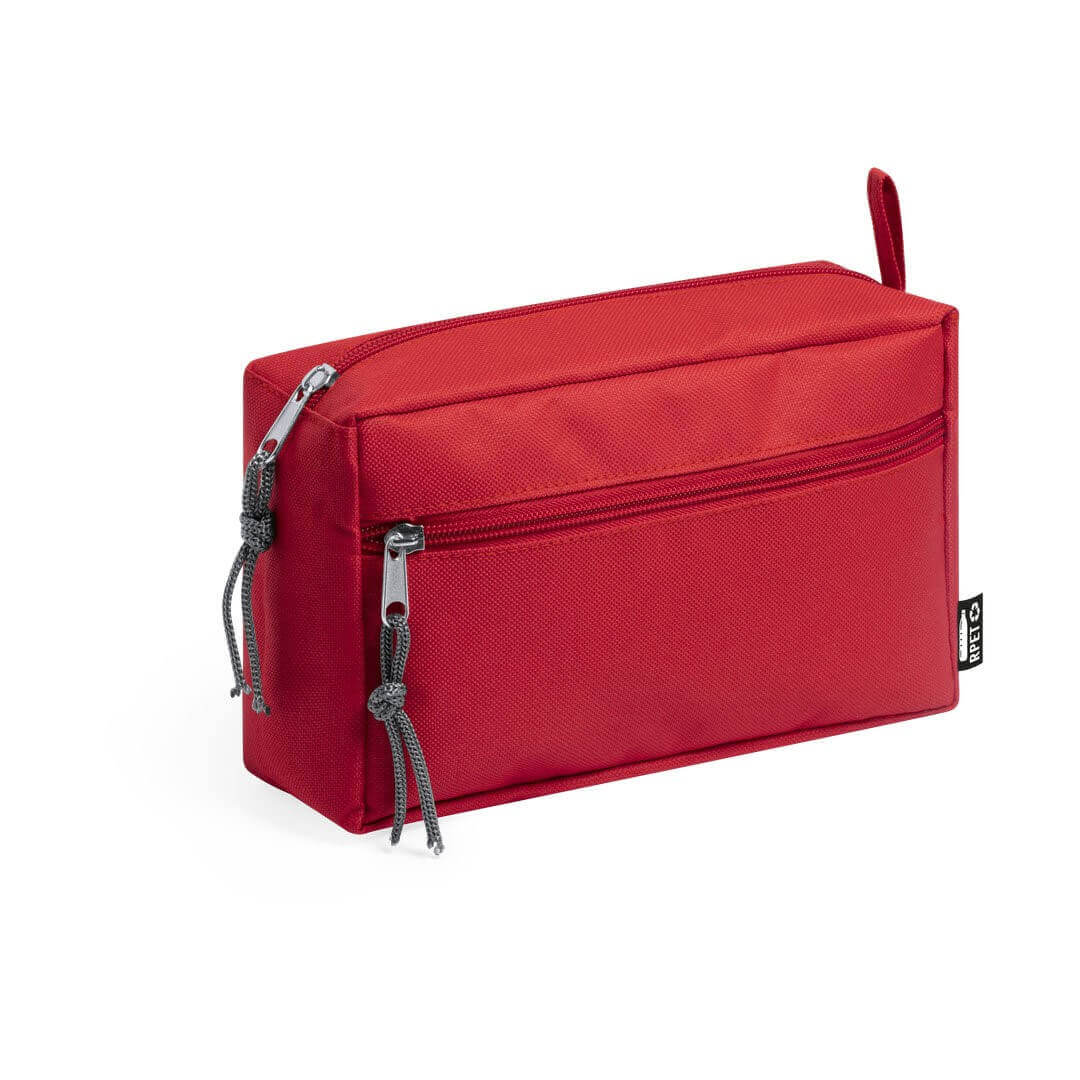 red color beauty bag made from recycled materal two compartments with zipper closure