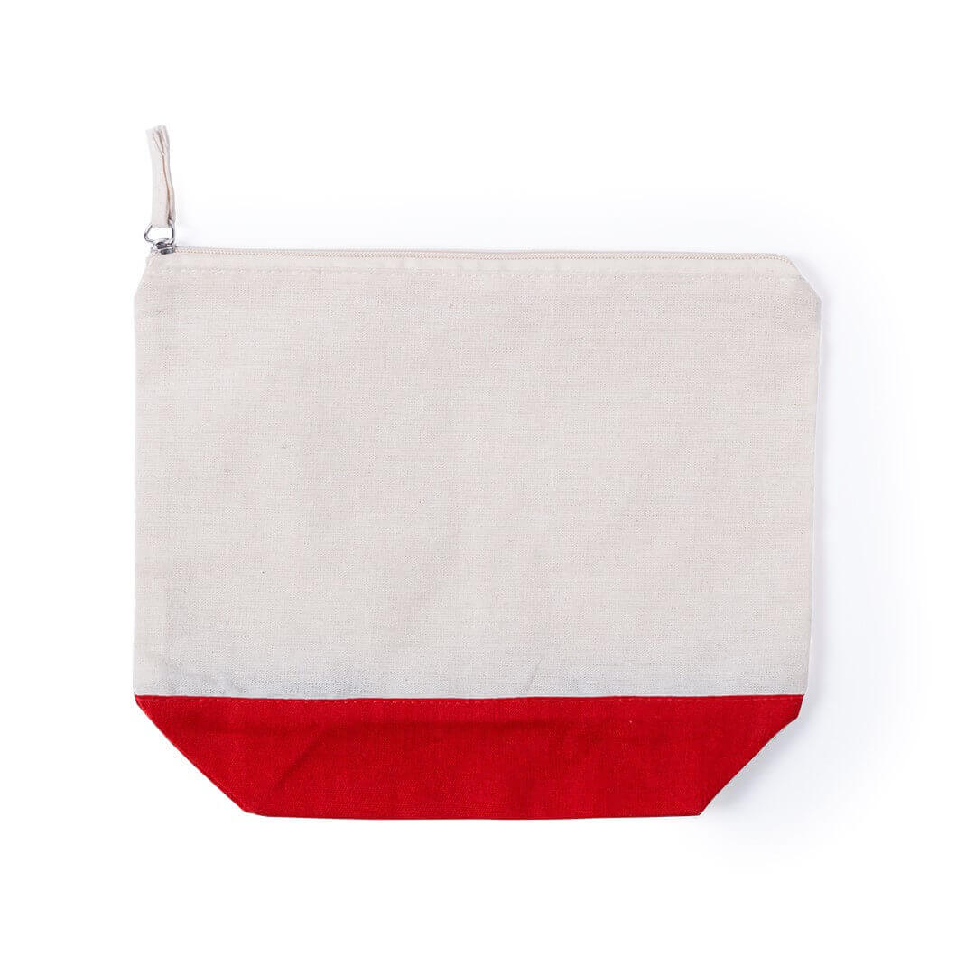 cotton beauty bag in natural color with red color bottom and zipper