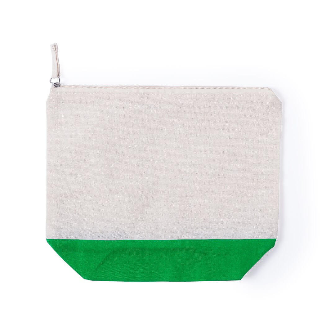 cotton beauty bag in natural color with green color bottom and zipper