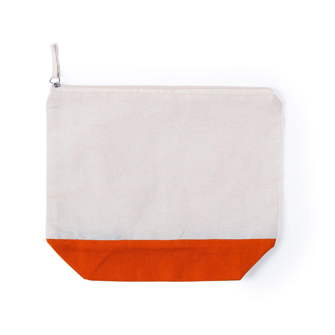cotton beauty bag in natural color with orange color bottom and zipper