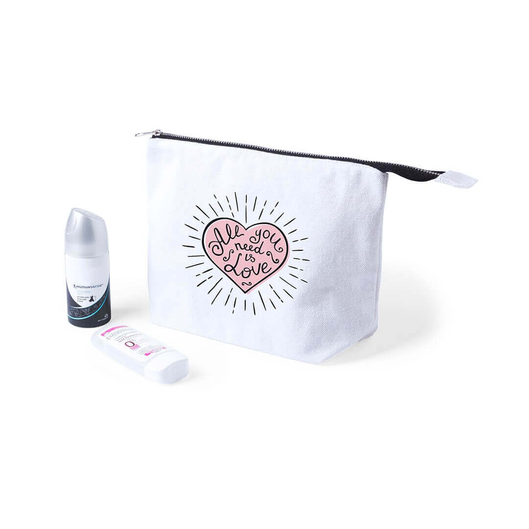 white color beauty bag made from cotton fabric with balck zipper and print