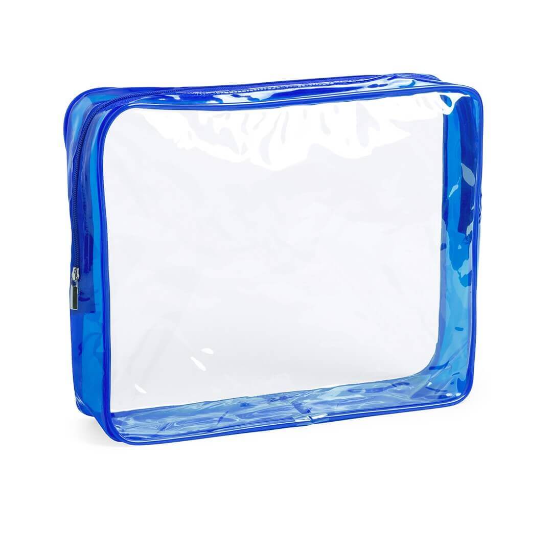 transparent beauty bag with blue gusset