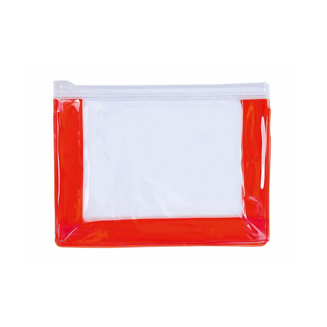 transparent beauty bag with plastic zipper and red gusset