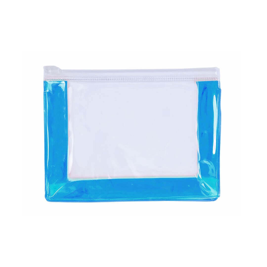 transparent beauty bag with plastic zipper and blue gusset