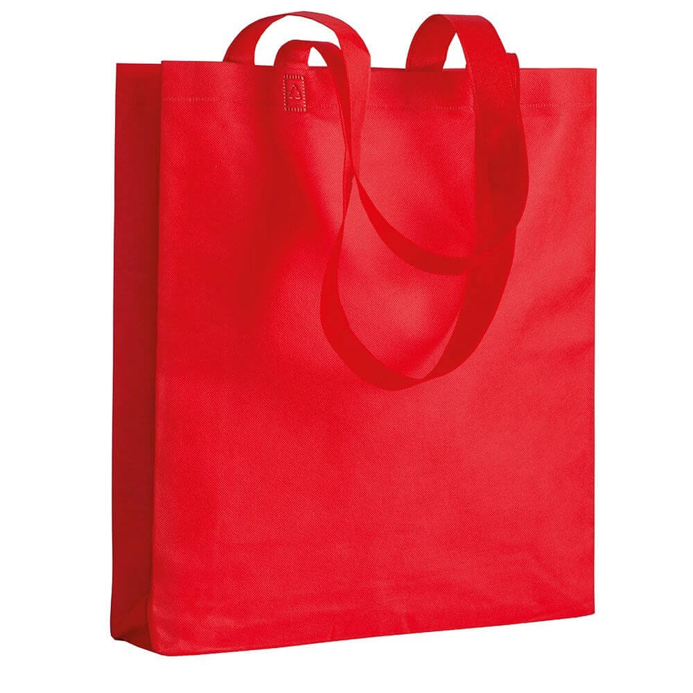 red color non woven bag with long handles