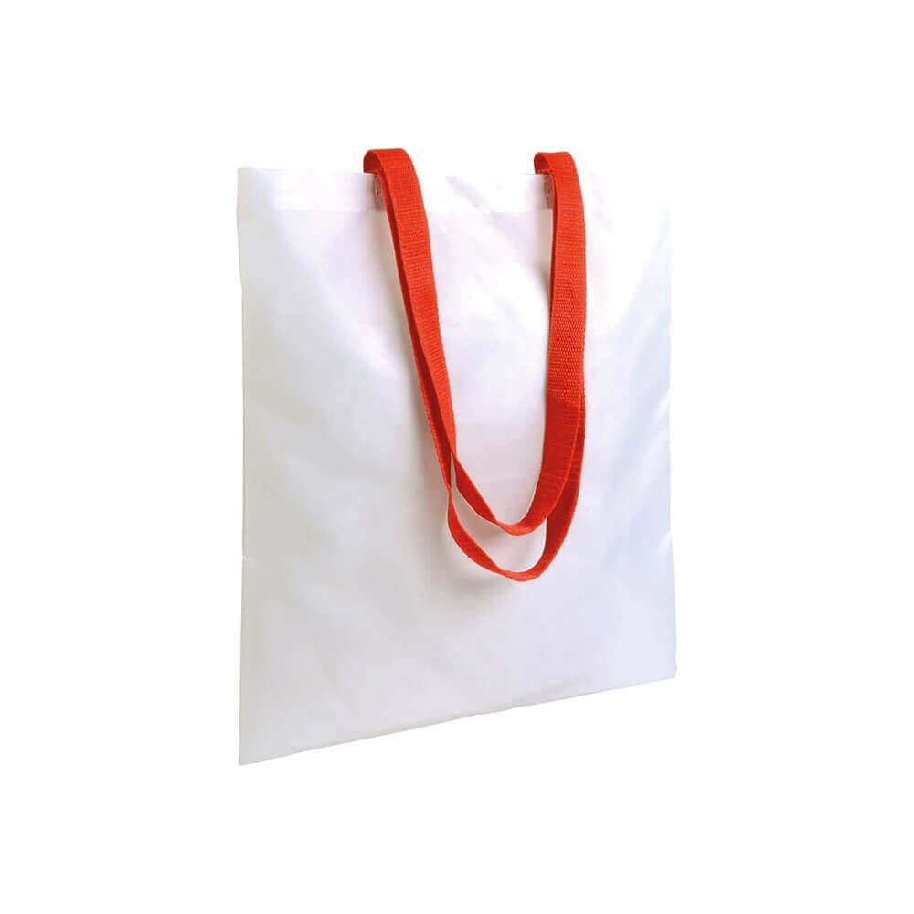 λευκη υφασματινη τσαντα από polyester με μακρια κοκκινα χερουλια