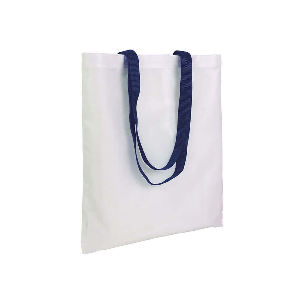 white color polyester bag with long dark blue handles