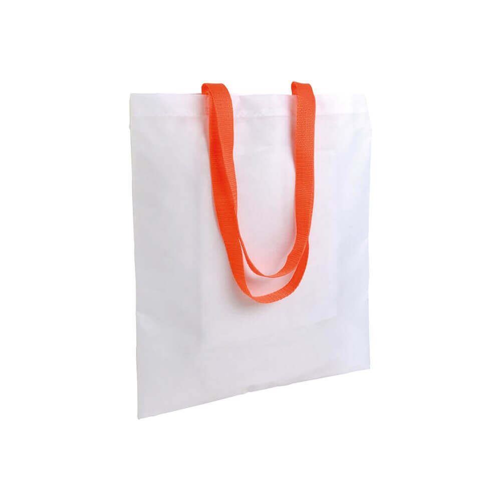 white color polyester bag with long orange handles