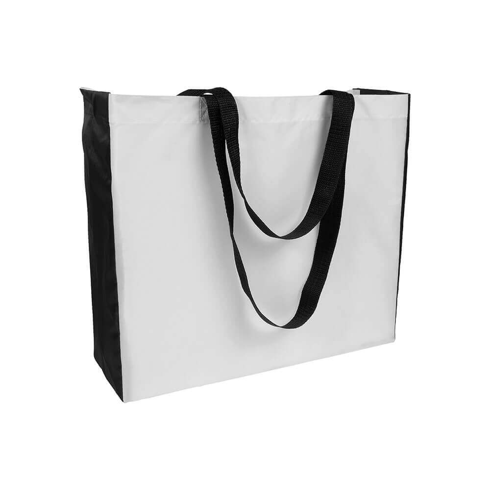 white color polyester bag with black gusset and long black handles