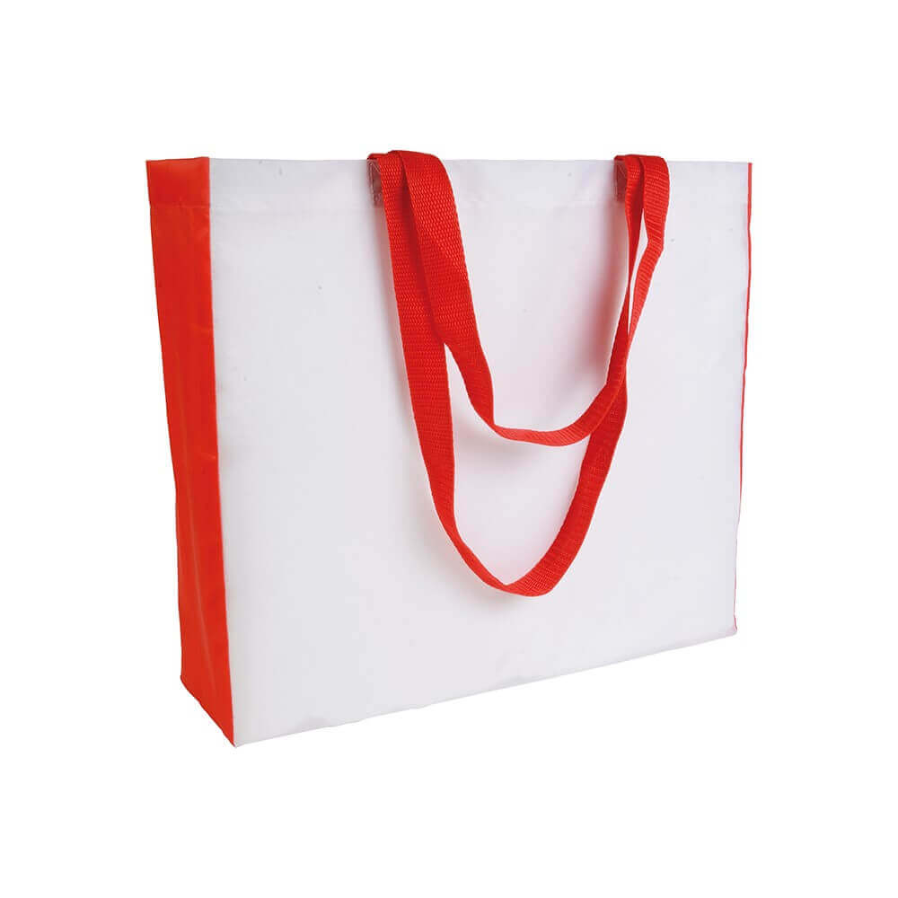 white color polyester bag with red gusset and long red handles