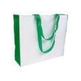 white color polyester bag with green gusset and long green handles