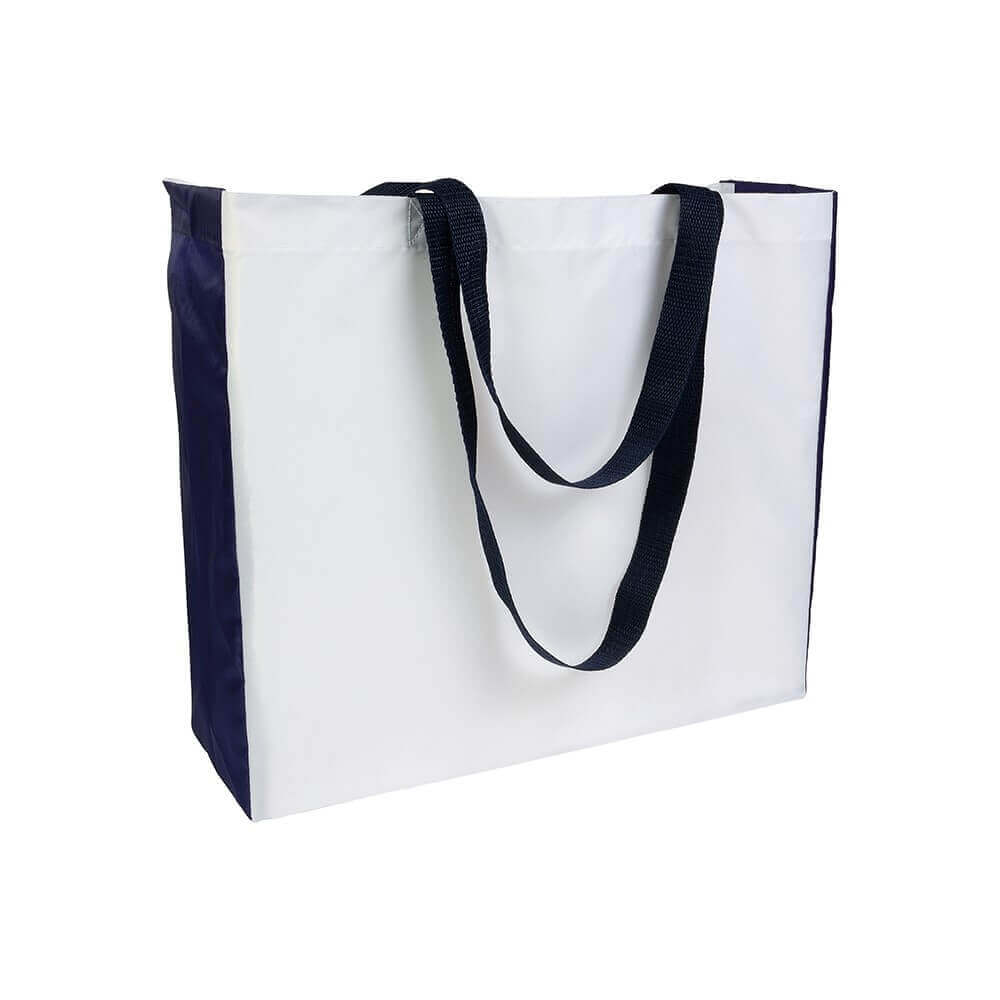 white color polyester bag with dark blue gusset and long dark blue handles