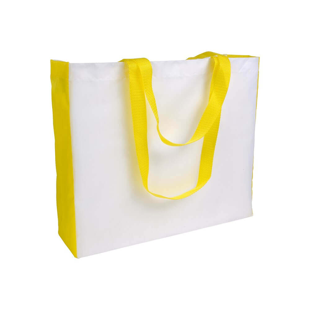 λευκη υφασματινη τσαντα από polyester με κιτρινο χρωμα πλαινα και μακρια κιτρινα χερουλια
