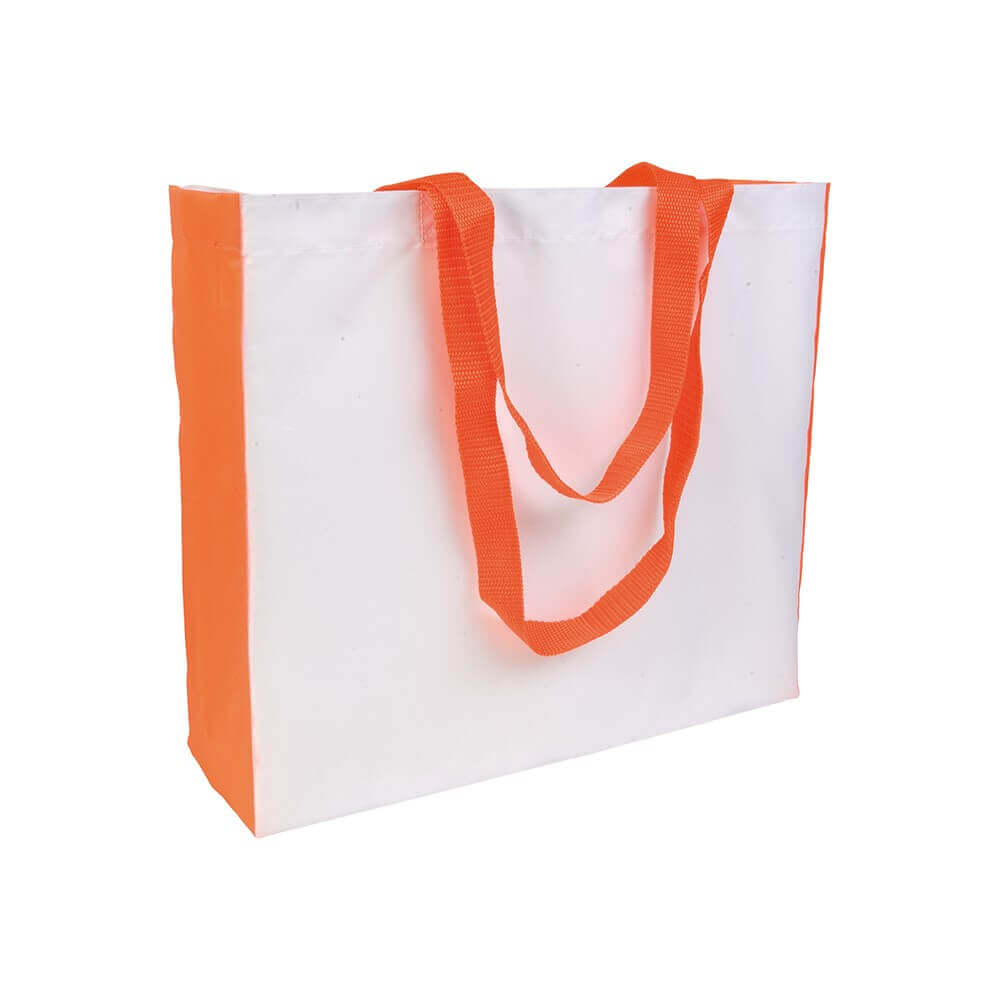 white color polyester bag with orange gusset and long orange handles