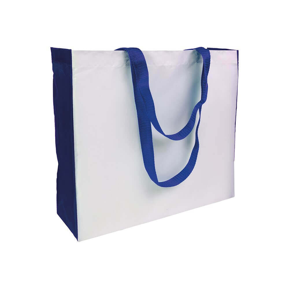white color polyester bag with blue gusset and long blue handles